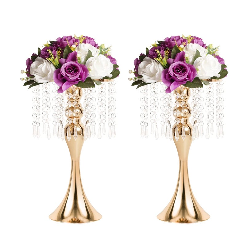 LANLONG Wedding Centerpieces for Tables, 12.99in Metal Gold Vases for Centerpieces, 2PcsTall Crystal Flower Stand for Centerpiece Table Wedding Party Reception Home Decor - Image 1